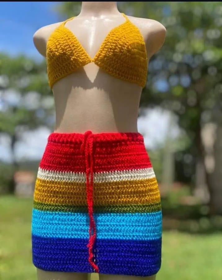 Handmade Rainbow Striped Crochet Mini Skirt