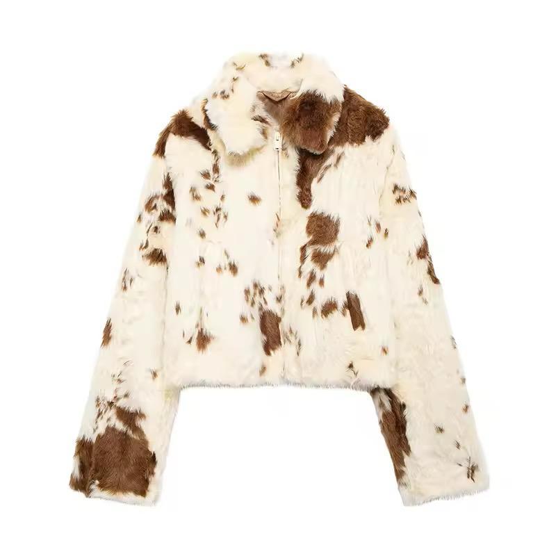 Cow Print Faux Fur Cropped Jacket