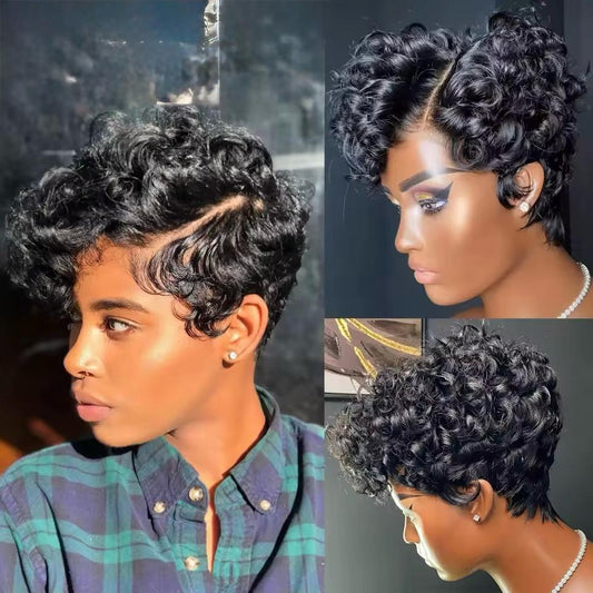Black Curly Pixie Cut Lace Front Wig