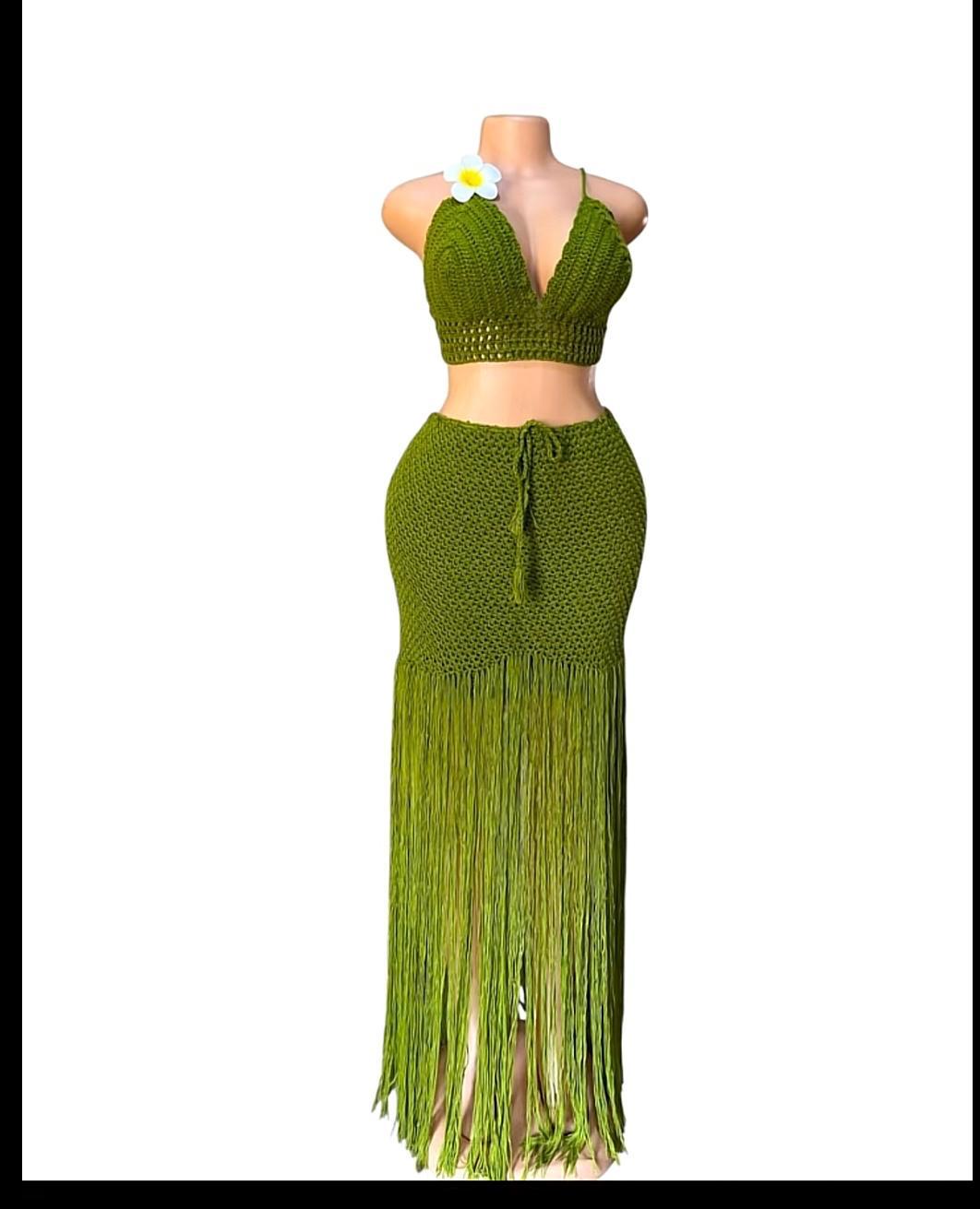 Two Piece Olive Green Crochet Maxi Skirt