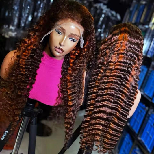 Auburn Highlight Deep Wave Lace Front Wig